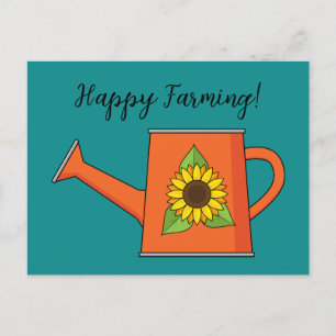 Orange Watering Can with Sunflower Add Text Holiday Postcard