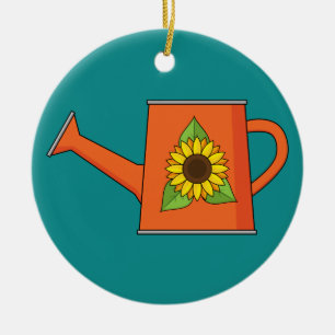 Orange Watering Can with Sunflower Ceramic Ornament