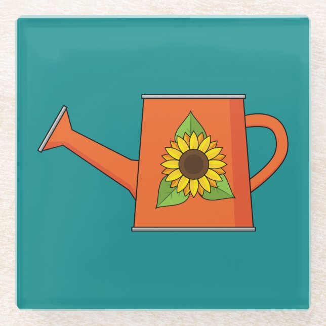 Orange Watering Can with Sunflower Glass Coaster (Front)