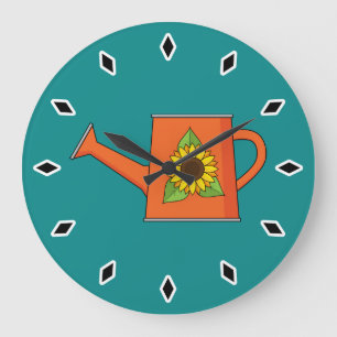 Orange Watering Can with Sunflower Large Clock