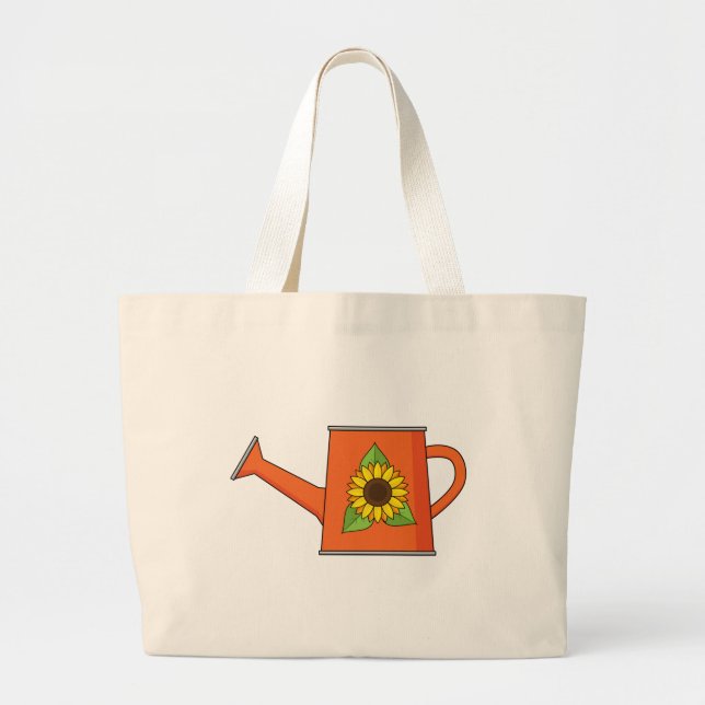 Orange Watering Can with Sunflower Large Tote Bag (Front)