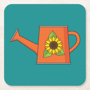Orange Watering Can with Sunflower Square Paper Coaster