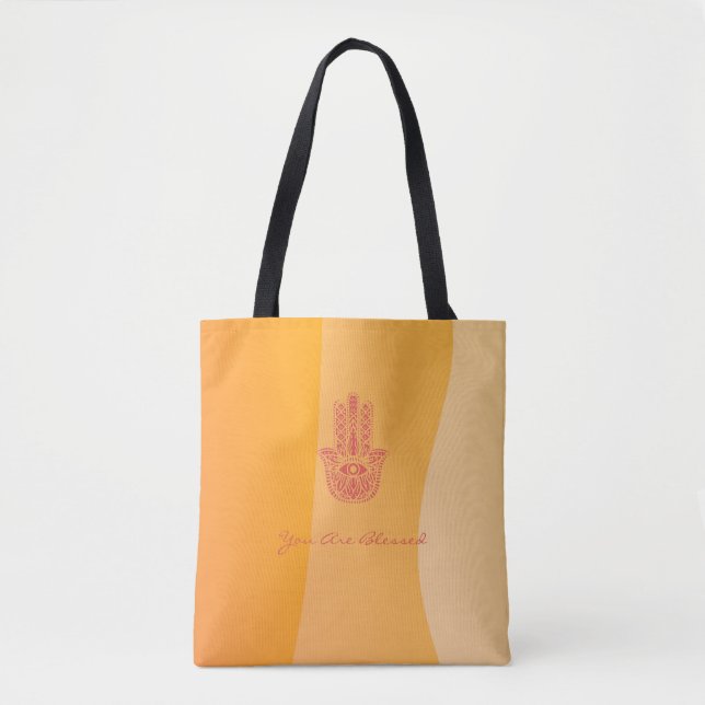 Orange Waves Simple Red Hamsa Personalised Tote Bag (Front)