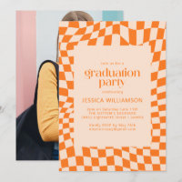 Orange Wavy Chequered Retro Graduation Party Photo