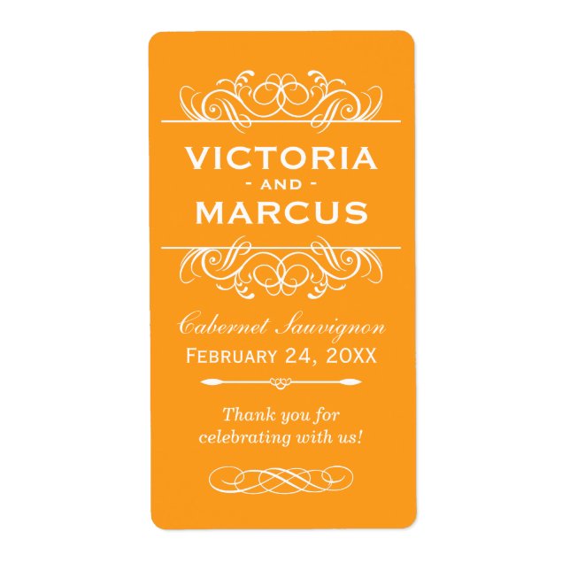 Orange Wedding Wine Bottle Monogram Favour Labels (Front)