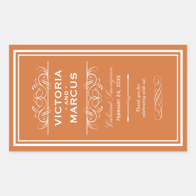 Orange Wedding Wine Bottle Monogram Favour Labels (Front)