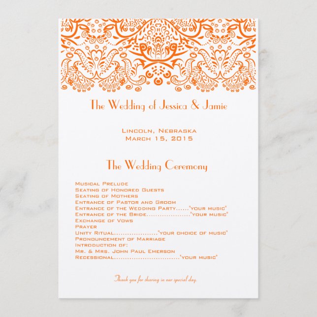 Orange Whimisical Love Birds Wedding Program (Front)