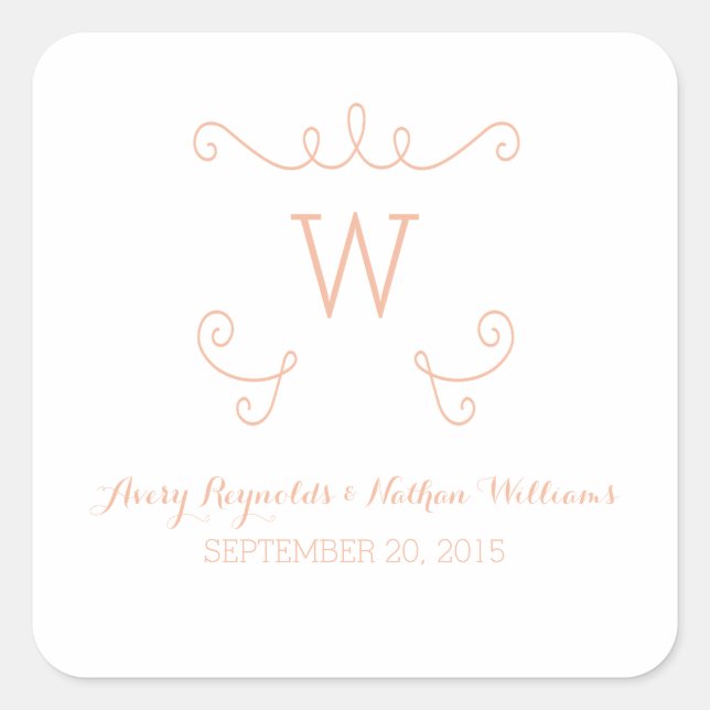 Orange Whimsical Flourish Monogram Wedding Square Sticker (Front)
