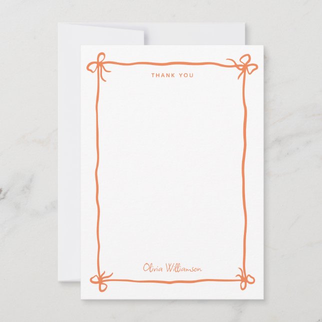 Orange Whimsical Ribbon Bow Hand Drawn Border Thank You Card (Front)
