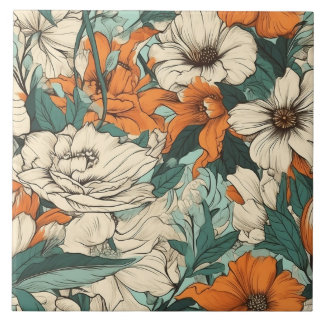Orange, white and green pretty floral ceramic tile