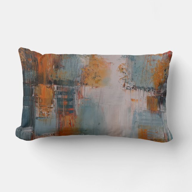 Orange, white, and teal abstract painting lumbar cushion (Front)