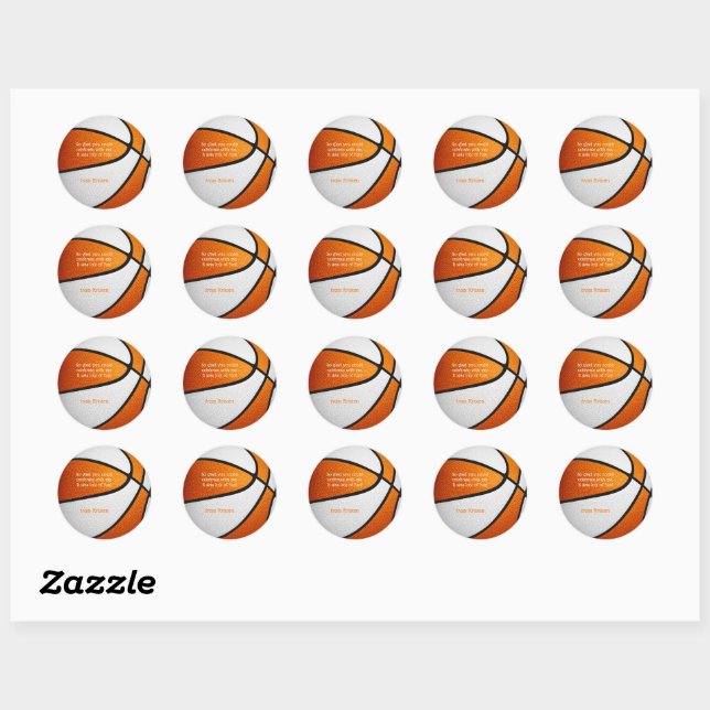 orange white basketball girls party thank you classic round sticker (Sheet)