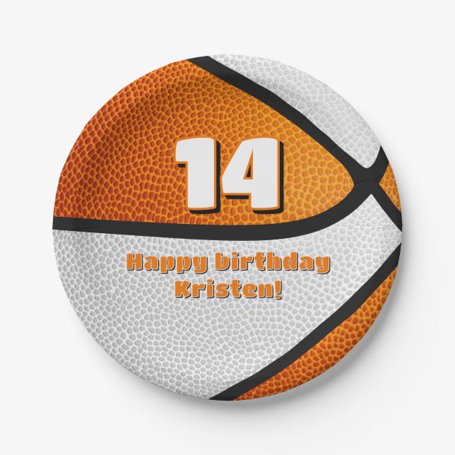 orange white basketball girls sports party paper plate (Front)
