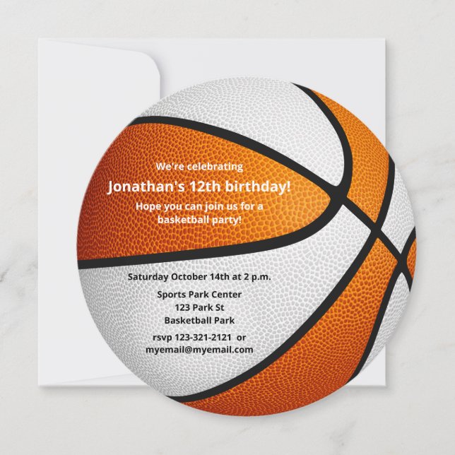 orange white basketball themed birthday party announcement (Front)