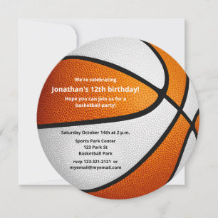orange white basketball themed birthday party announcement