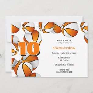 orange white basketballs girls birthday party invitation