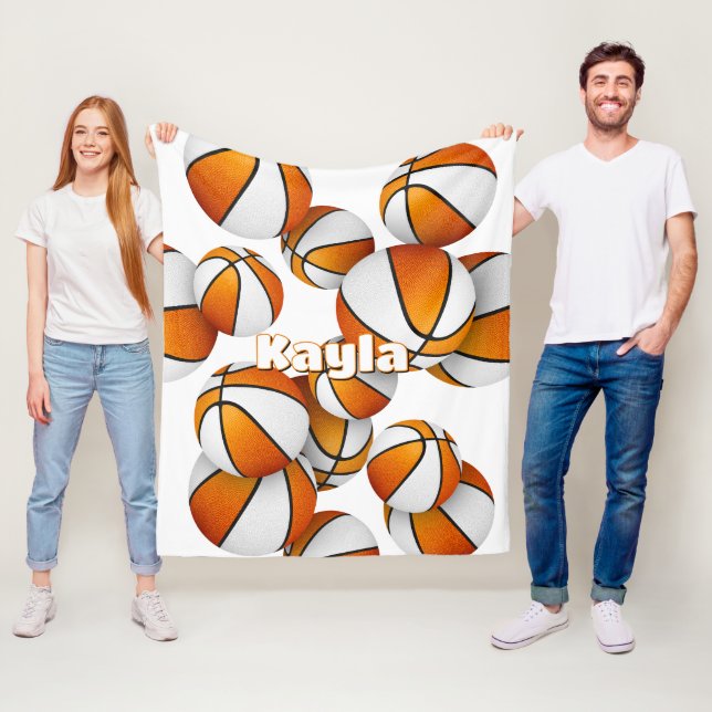 orange white basketballs girls sports room decor fleece blanket (In Situ)