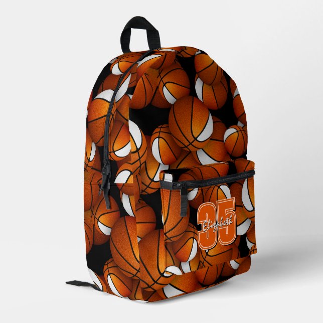 orange white basketballs pattern w jersey number printed backpack (Back Corner Left)