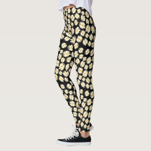 Orange white black daisy flower pattern leggings
