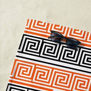 Orange White Black Greek Key Fret Pattern Design Beach Towel