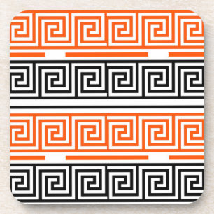 Orange White Black Greek Key Fret Pattern Design Coaster