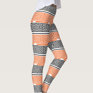 Orange White Black Greek Key Fret Pattern Design  Leggings