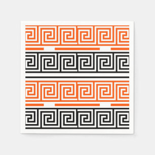 Orange White Black Greek Key Fret Pattern Design Napkin