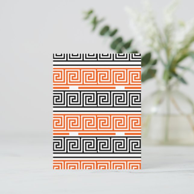 Orange White Black Greek Key Fret Pattern Design  Postcard (Standing Front)