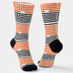 Orange White Black Greek Key Fret Pattern Design Socks