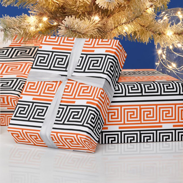 Orange White Black Greek Key Fret Pattern Design  Wrapping Paper (Creator Uploaded)