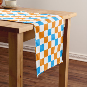 Orange White Blue Chequered Pattern Design Short Table Runner