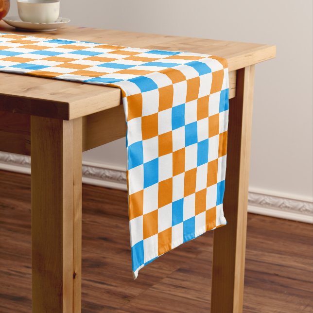 Orange White Blue Chequered Pattern Design  Short Table Runner (In Situ)