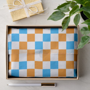 Orange White Blue Chequered Pattern Design Tissue Paper
