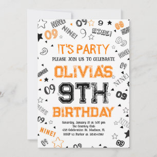 Orange White Boy Number Nine Birthday Party Invitation