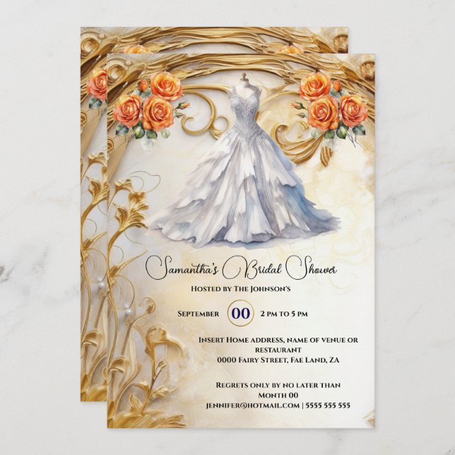 Orange white bridal gown roses luxurious flowers invitation (Front/Back)