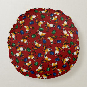 Orange white Butterflies, Emerald, Sapphire on red Round Cushion