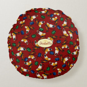 Orange white Butterflies, Emerald, Sapphire Round Cushion