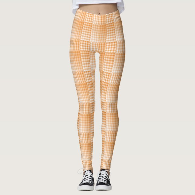 Orange White Checker Abstract Pattern Leggings (Front)