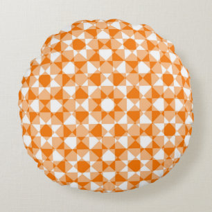 Orange White Checker Diamond Plaid Pattern Round Cushion