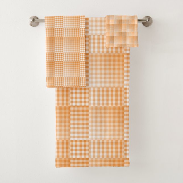 Orange White Chequered Abstract Pattern Bath Towel Set (Insitu)
