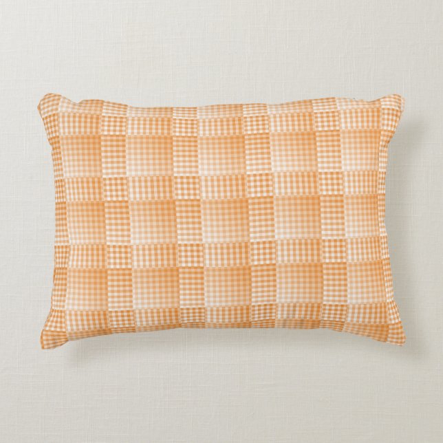 Orange White Chequered Abstract Pattern Decorative Cushion (Front)