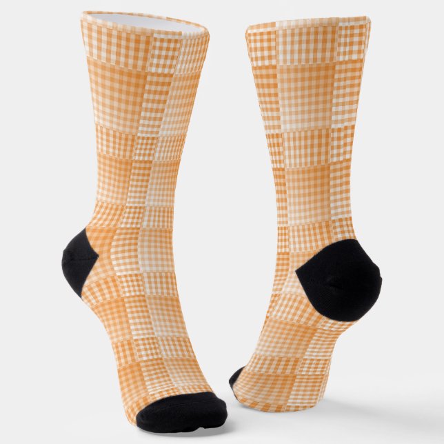 Orange White Chequered Abstract Pattern Socks (Angled)