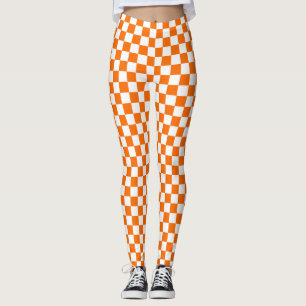 Orange White Chequered Check Pattern Leggings