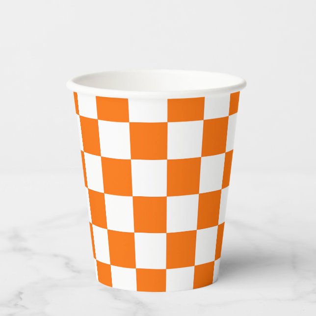Orange White Chequered Check Pattern Paper Cups (Front)