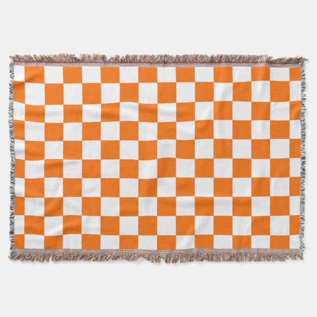 Orange White Chequered Check Pattern Throw Blanket (Front)