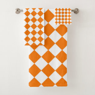 Orange White Chequered Diamond Pattern  Bath Towel Set