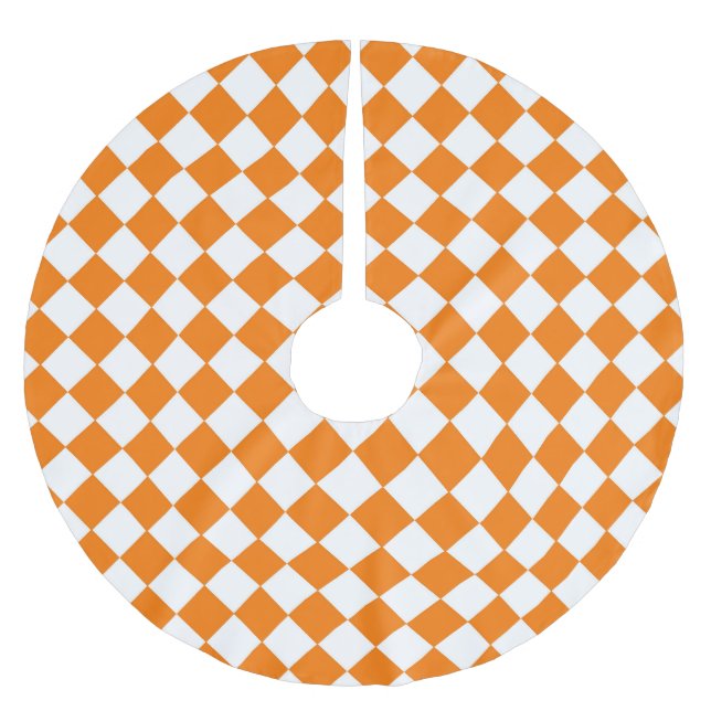 Orange White Chequered Diamond Pattern Brushed Polyester Tree Skirt (Front)