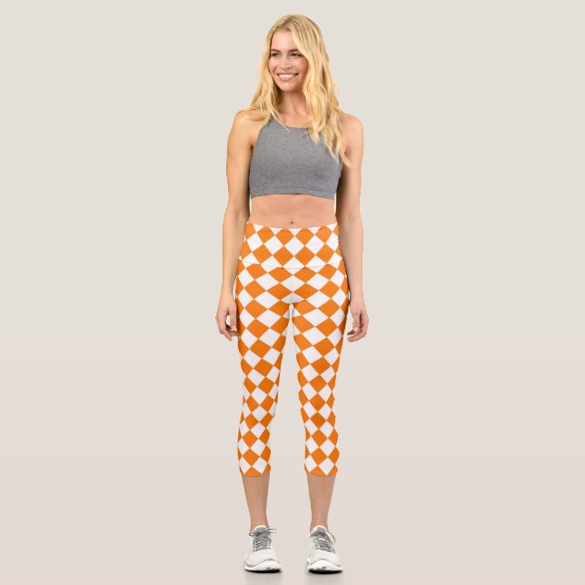 Orange White Chequered Diamond Pattern  Capri Leggings (Front)