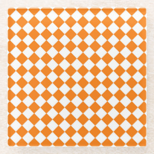 Orange White Chequered Diamond Pattern Glass Coaster