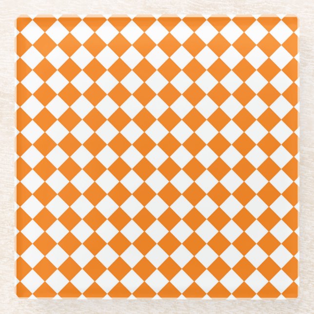 Orange White Chequered Diamond Pattern Glass Coaster (Front)